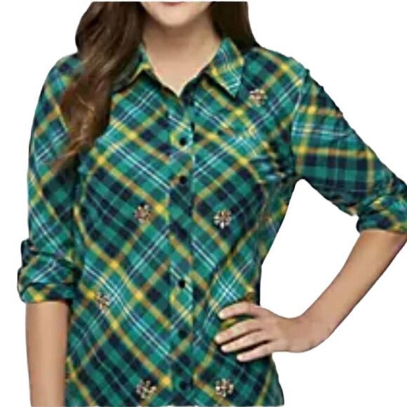 Kim Rogers Green Plaid Button Down Top with Rhinestone Embellishments Size 2X - Picture 3 of 12
